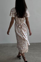 V Neck Tie Waist Short Sleeve Shirt Floral Dress