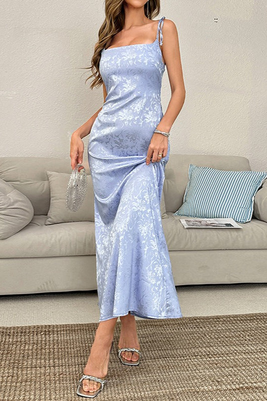 Jacquard Spaghetti Strap Backless Tie Waist Prom Dress Main image