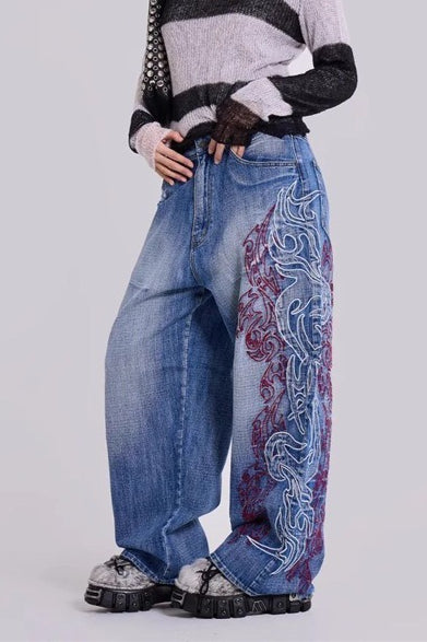 Vintage Embroidered Washed Slouchy Street Casual Jeans Secondary image