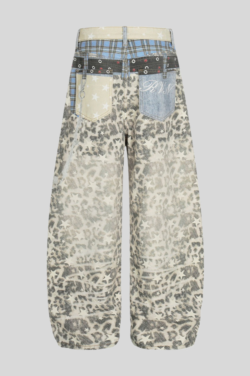 Leopard Double Waist Barrel Leg Jeans