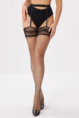 Contrast Lace Edge Suspender Fishnet Tights