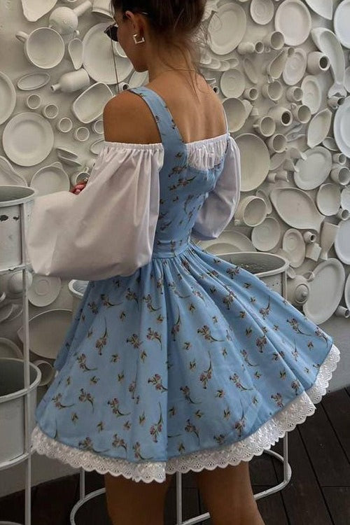 Two Piece Puff Sleeve Strapless Floral Dress