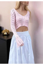 Hollow Out Knit V Neck Long Sleeve Cardigan Pink / S
