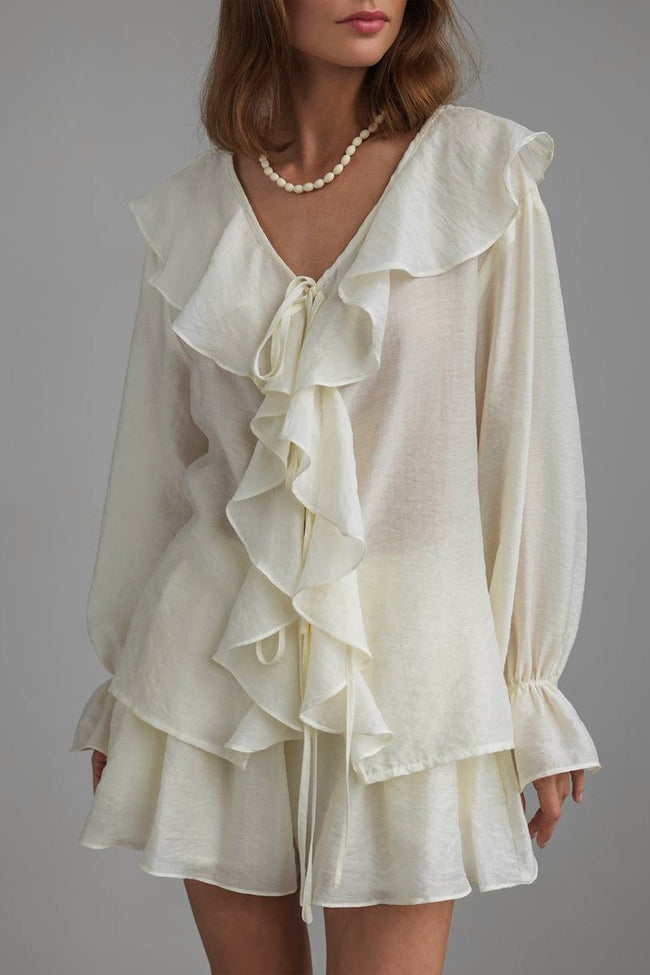 V Neck Ruffle Tie Front Blouse Shorts Set Main image