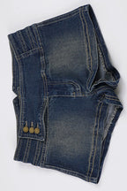 Three Button Panel Distressed Low Rise Denim Shorts