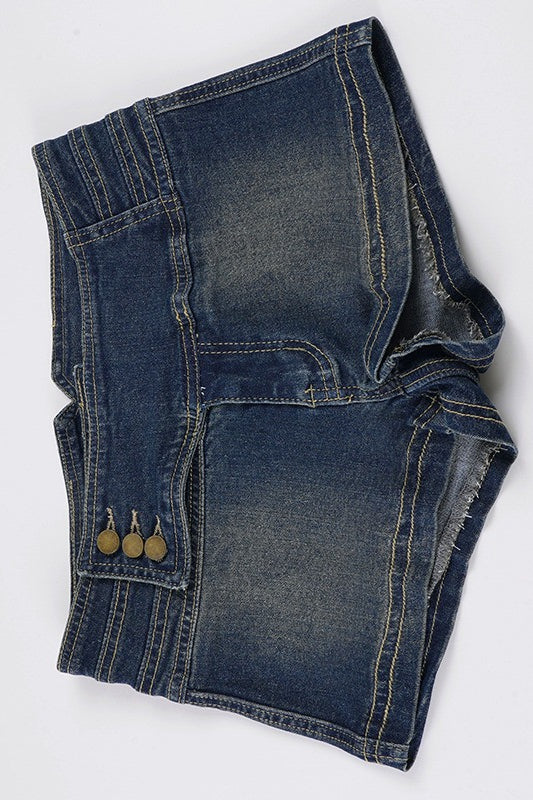 Three Button Panel Distressed Low Rise Denim Shorts