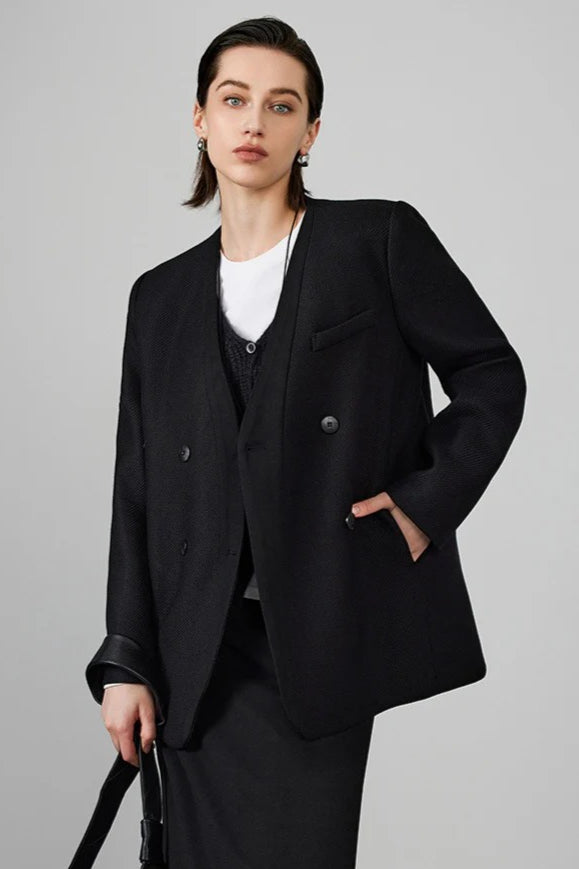 Double Breasted Wool Blend Blazer S / Black