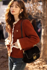 Retro Lace Splicing Wool Christmas Outerwear