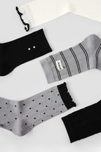 5 Pack Striped Polka Dot Ribbed Cuff Micro Mesh Cotton Socks