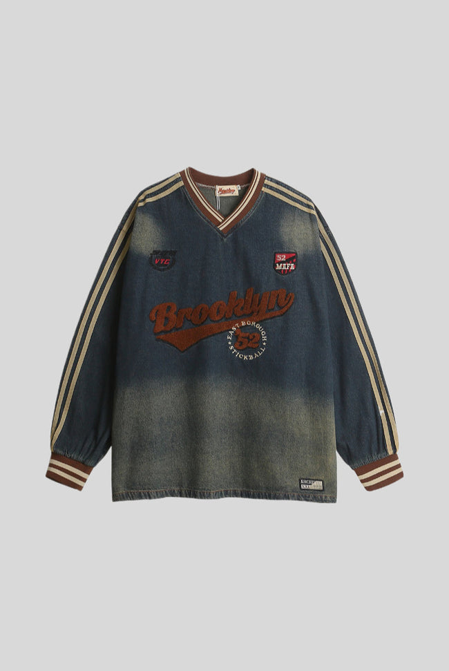 Washed Denim Embroidered V Neck Varsity Sweatshirt Main image
