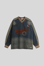 Washed Denim Embroidered V Neck Varsity Sweatshirt