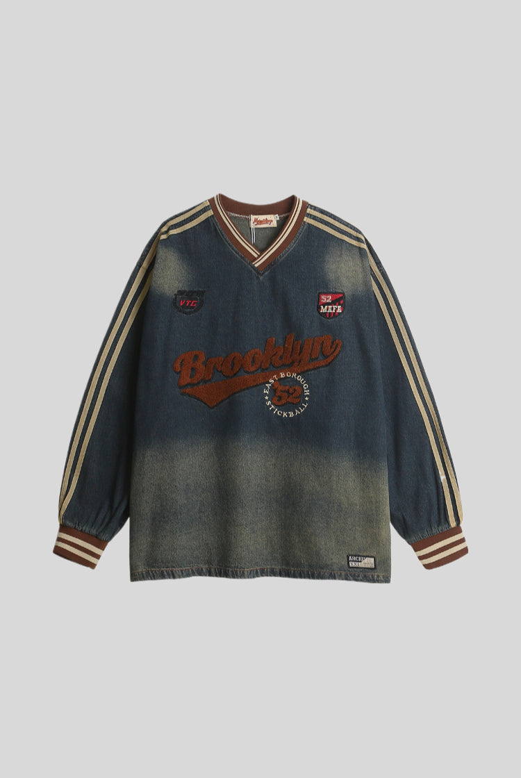 Washed Denim Embroidered V Neck Varsity Sweatshirt