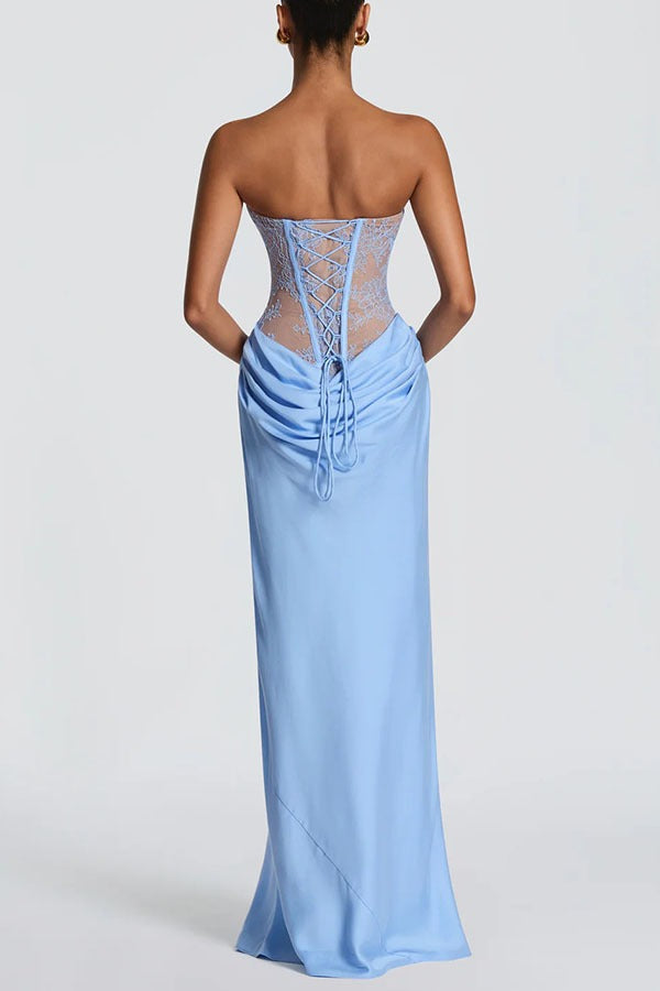 Lace Corset Draped Satin Formal Dress