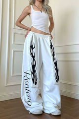 Vintage Flame Print Detachable Tie Curved Sweat Pants