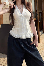 White Lace Trim V Neck Halter Waist Tie Halter Top