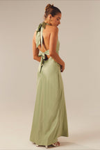 Halter V Neck Stretch Satin Cocktail Dress