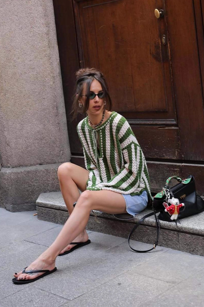 Green White Striped Tie Front Sweater