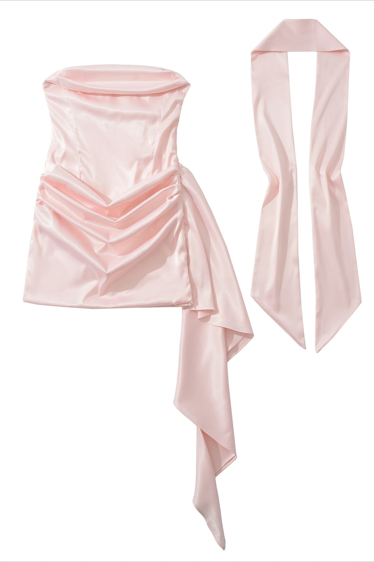 Strapless Satin Scarf Draped Cocktail Dress