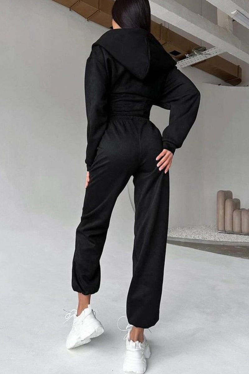Cropped Zip Hoodie Wide Leg Pants Set