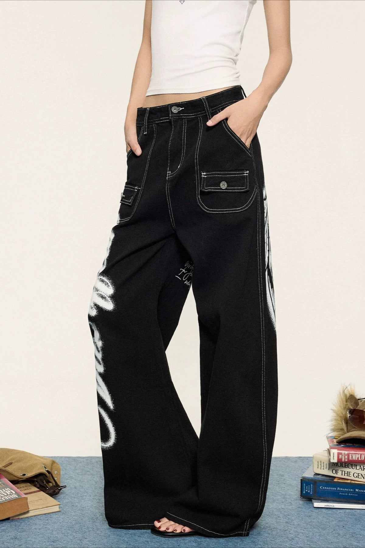 Black Graffiti Print Contrast Stitch Barrel Jeans