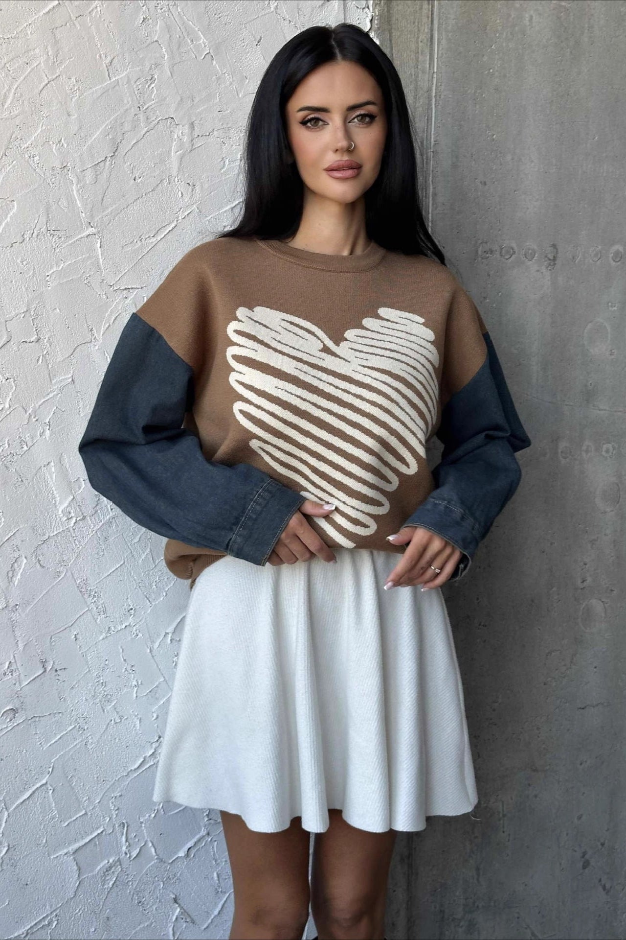 Heart Pattern Crewneck Denim Sweater