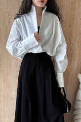 Structured Oversized Lapel V Neck White Blouse