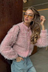 Solid Color Button-Up Faux Fur Knit Sweater
