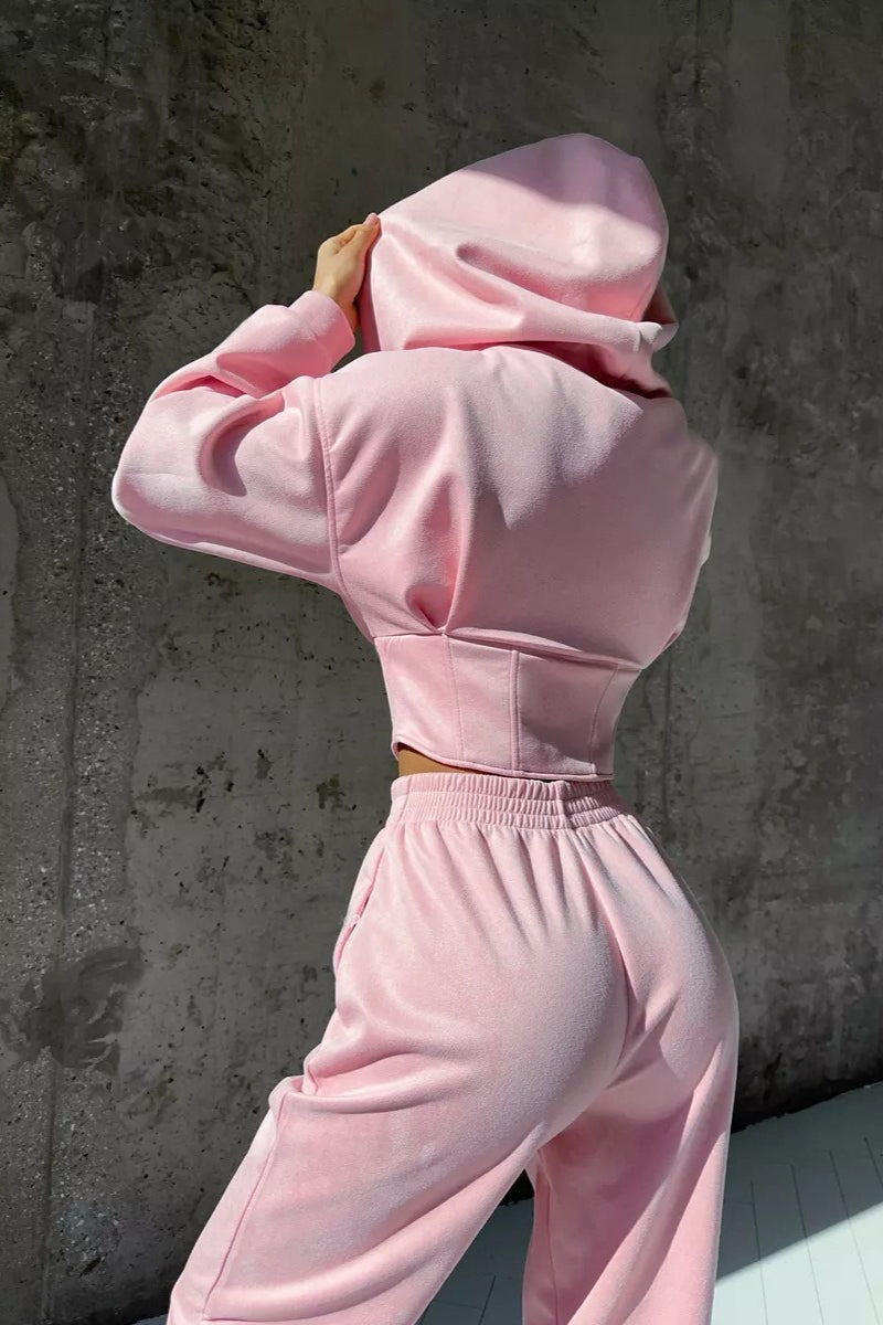 Cropped Zip Hoodie Wide Leg Pants Set