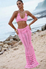 Crochet Floral Halter Knit Boho Skirt Set