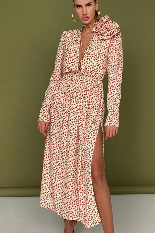 Side Slit Deep V Neck Tie Waist Floral Maxi Dress Secondary image