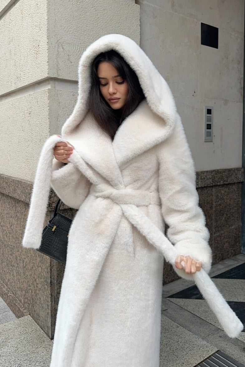 Long Hooded Belted Mink Faux Fur Overcoat Main image