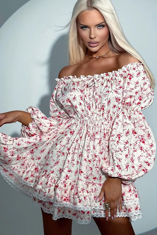 Off Shoulder Puff Sleeve Ruched Waist A Line Floral Dress Main image
