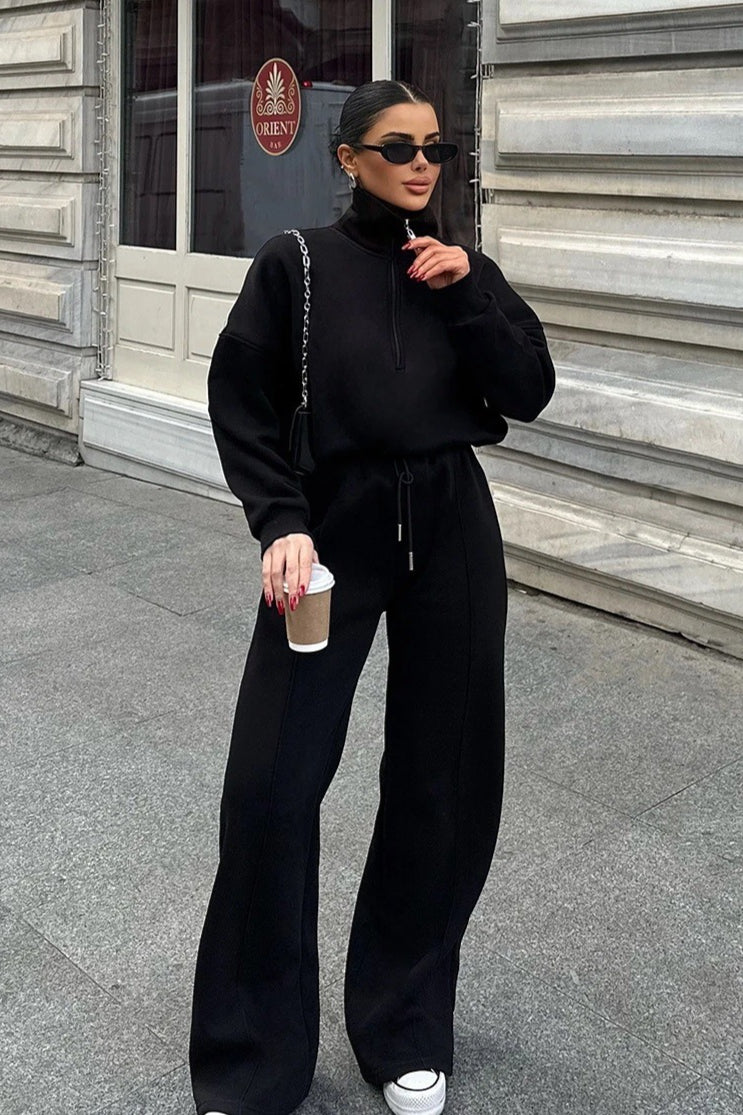 Half Zip Sweatshirt Wide Leg Pants Set