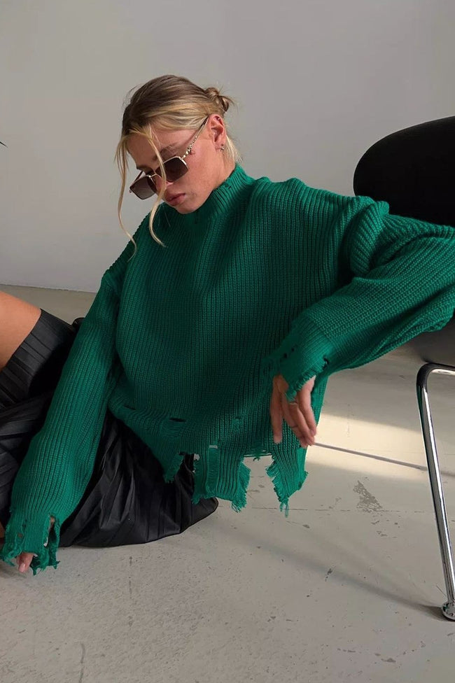 Edgy Distressed Crew Neck Solid Sweater Main image