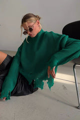 Edgy Distressed Crew Neck Solid Sweater
