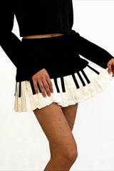 Retro Black White Piano Pleated High Waist Slim Skirt