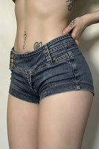 Three Button Panel Distressed Low Rise Denim Shorts