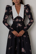 Flared Vintage Print Slim Waist Floral Maxi Dress