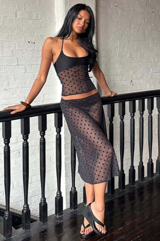 Polka Dot Mesh Halter Sheer Midi Skirt Set Secondary image
