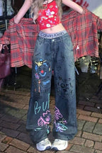 Graffiti Print Baggy Wide Leg Denim Jeans