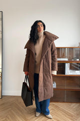 Long Stand Collar Relaxed Quilted Puffer Jacket S / Brown