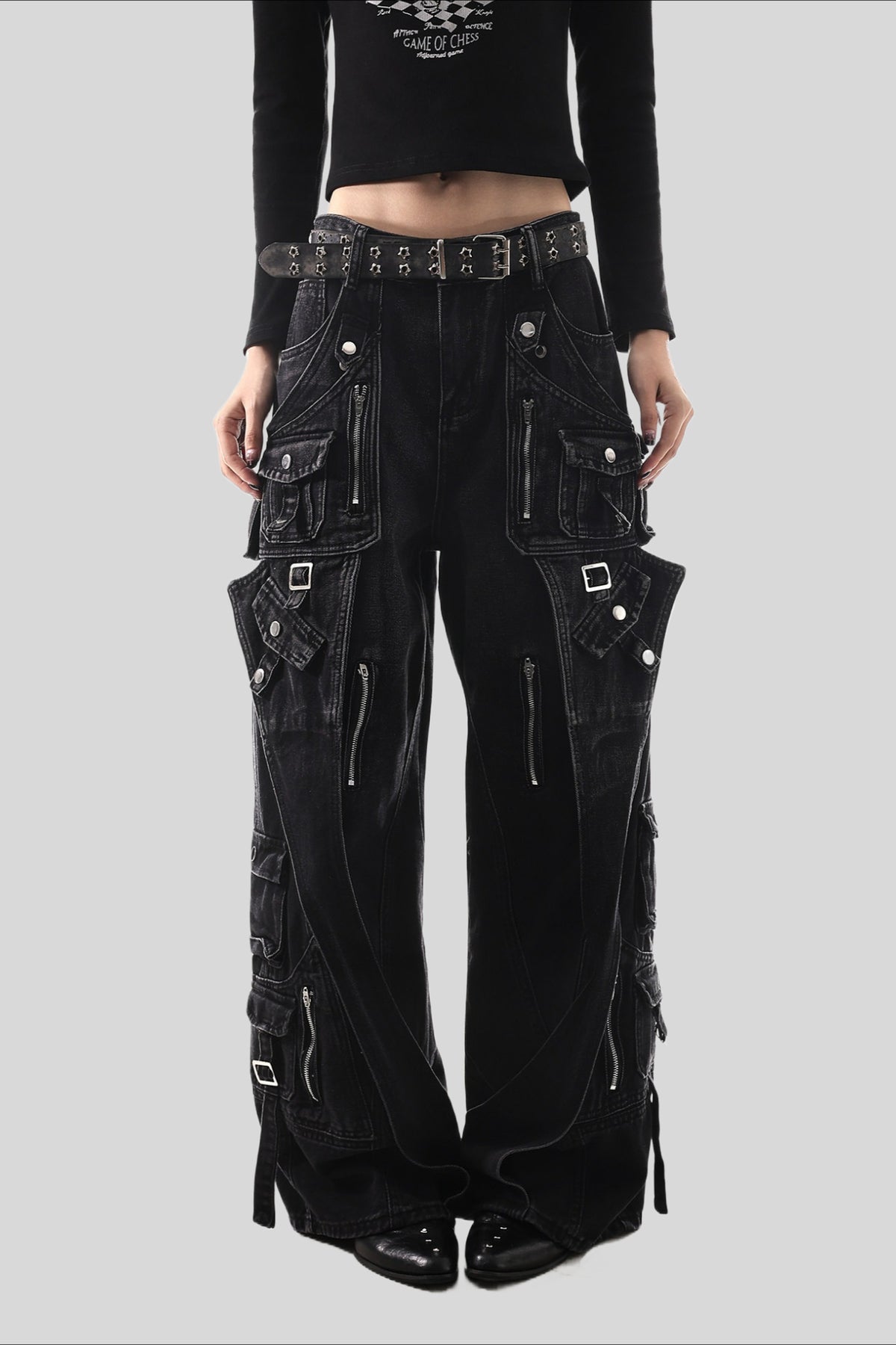 Deconstructed Buckle Cargo Wide Leg Jeans