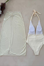 Solid Halter Mesh High Slit Two Piece Swim Set