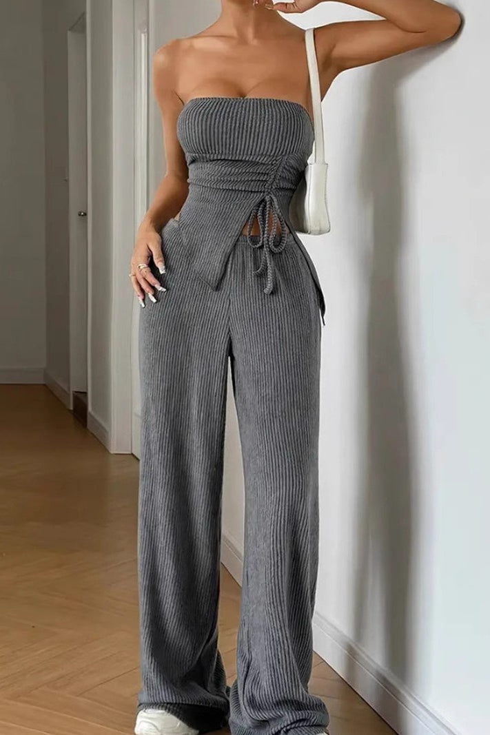Sexy Wrap Front Split Hem Top Straight Pants Set Secondary image