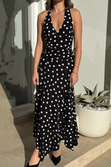 Polka Dot Backless Tie Bodycon Maxi Dress
