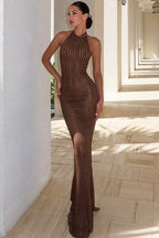 Halter Neck Bodycon Maxi Sweater Dress Brown / S
