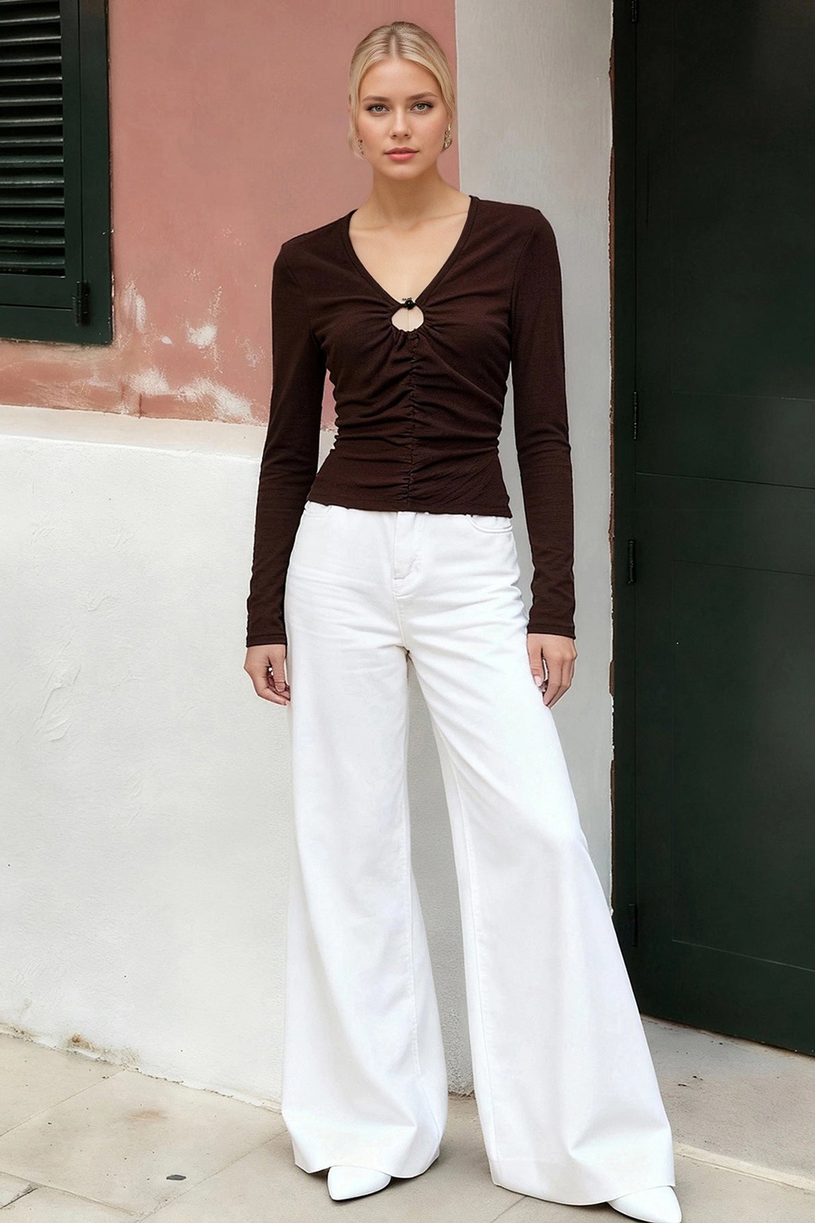 Brown V Neck Button Detail Slim Fit Knit Long Sleeve Tee