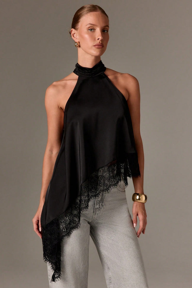 Lace Trim Asymmetric Hem Halter Top Main image
