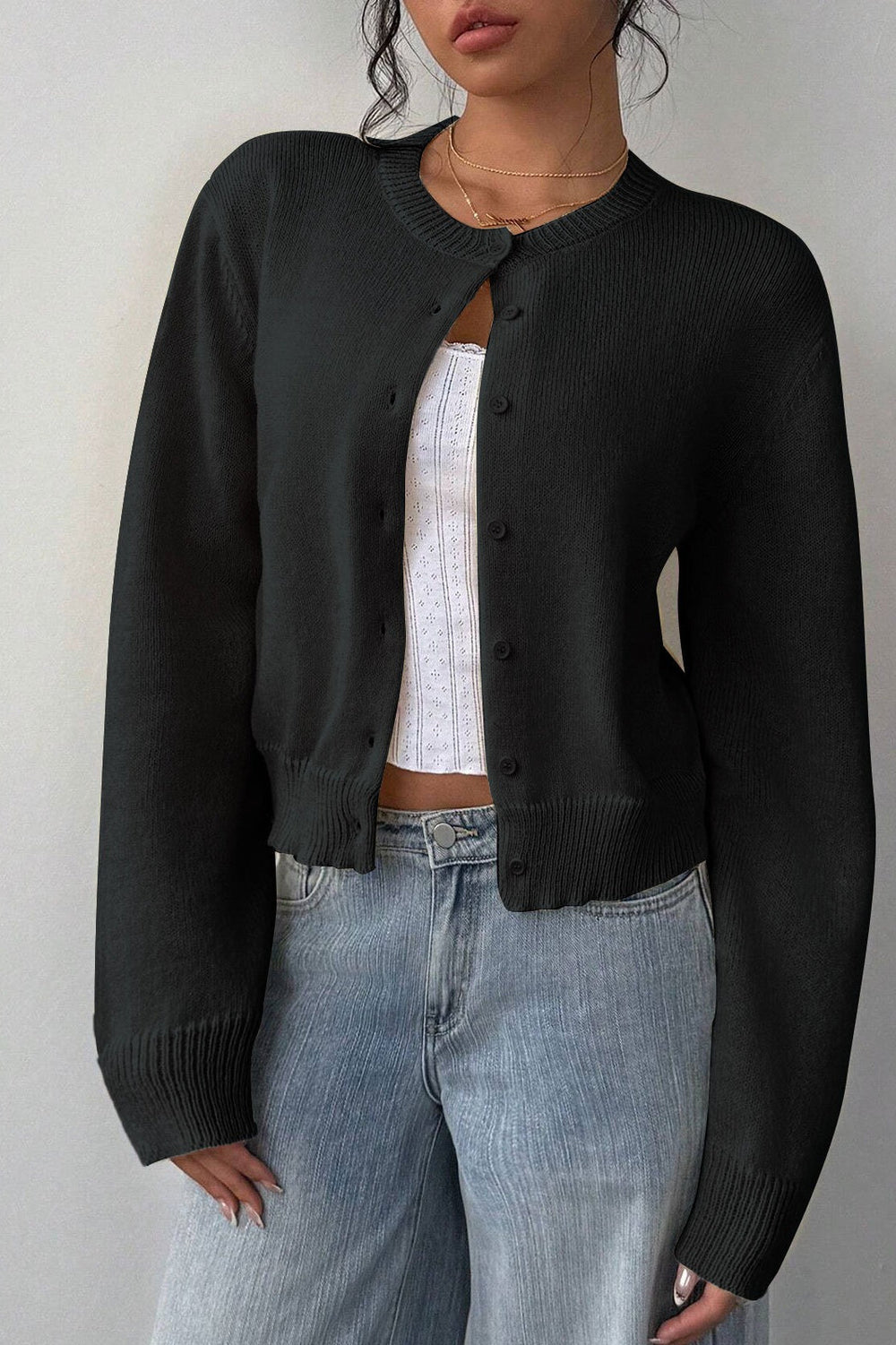 Lightweight Round Neck Button Cardigan