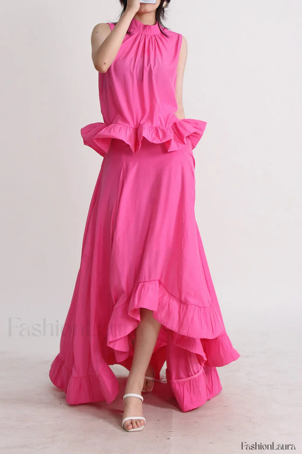 Elaine Pink Sleeveless Charming Ruffle Mermaid Set S / Pink